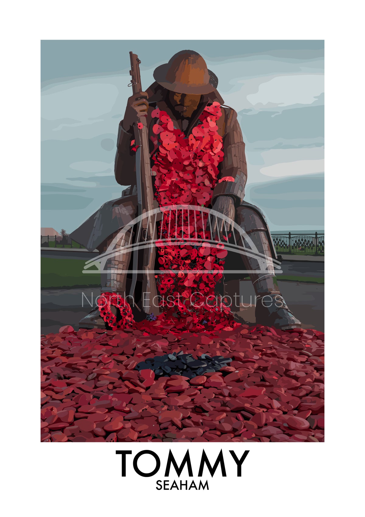 Tommy Seaham Remembrance Poppies vector artwork with landmark lettering and preview watermark