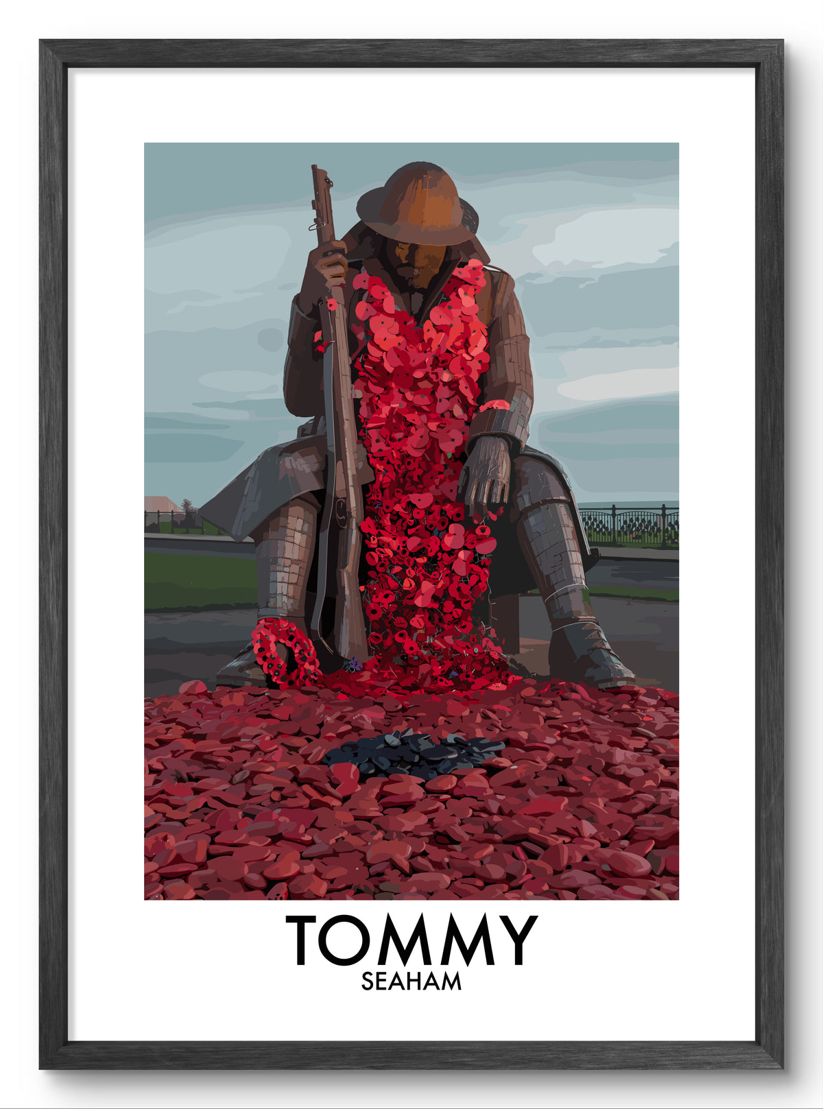Tommy Seaham Remembrance Poppies vector art print shown in a black frame