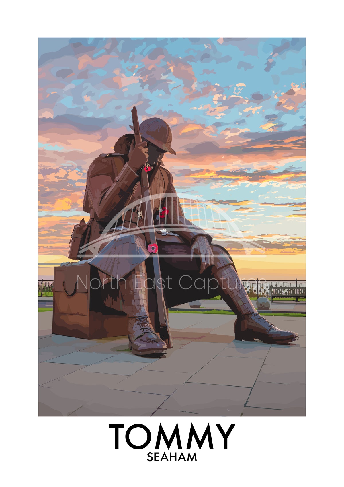 Vector artwork of Tommy at Seaham beneath a colourful sky, with TOMMY SEAHAM lettering and preview watermark