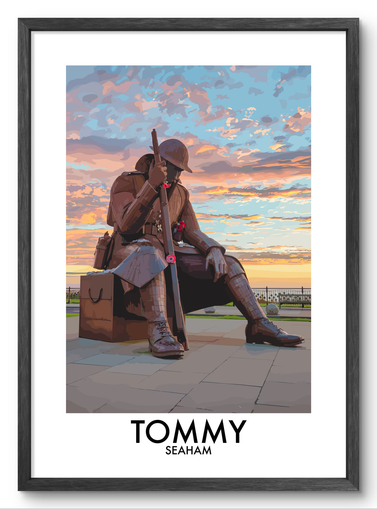 Tommy Seaham vector art print with a colourful coastal sky, shown in a black frame