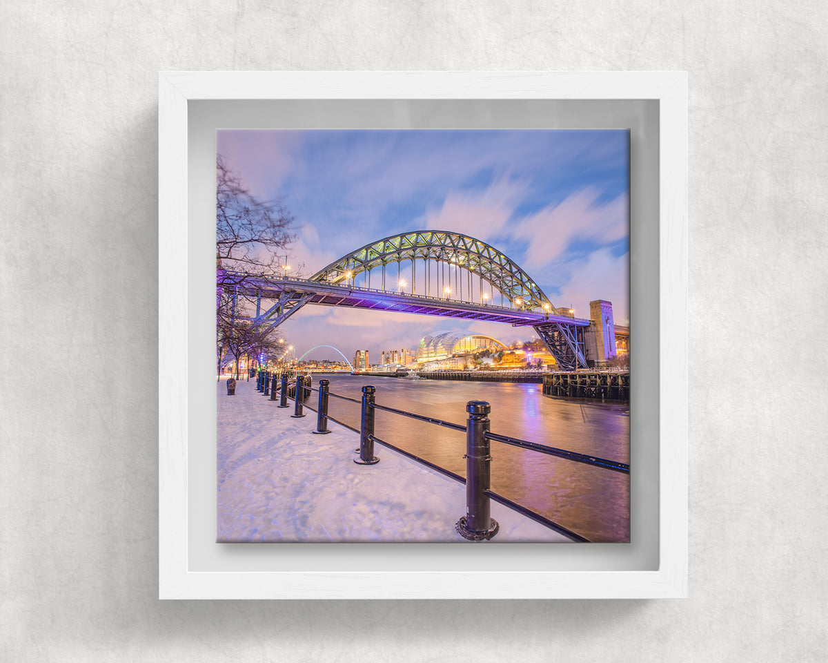 Tyne Bridge in Snow on an 8×8 inch ceramic tile in a white box frame, front view
