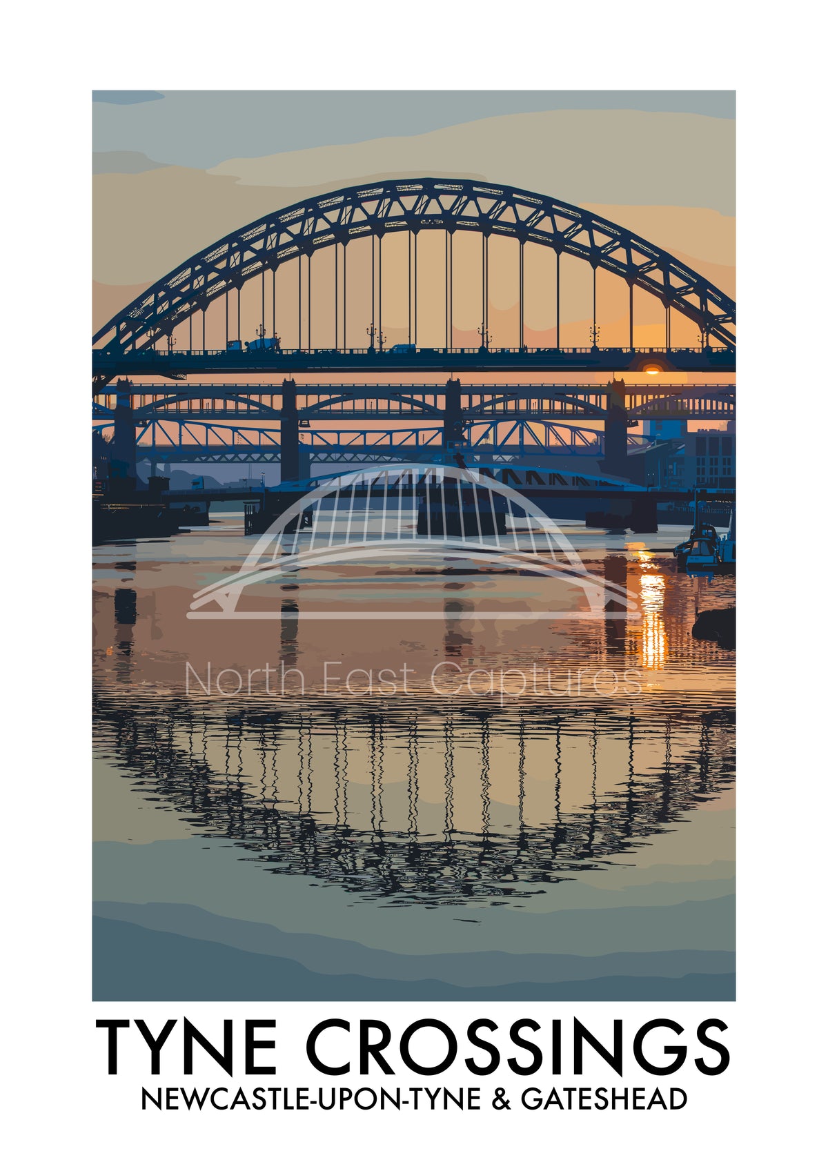 Tyne Crossings Newcastle and Gateshead vector artwork with landmark lettering and preview watermark