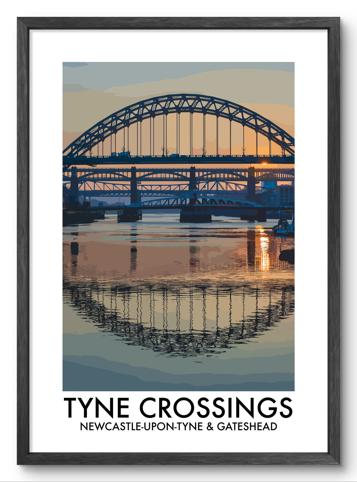 Tyne Crossings Newcastle and Gateshead vector art print shown in a black frame