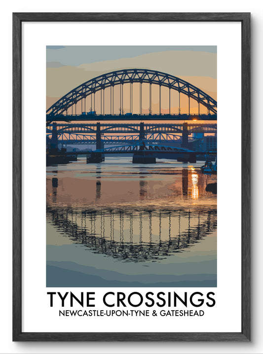 Tyne Crossings Newcastle and Gateshead vector art print shown in a black frame