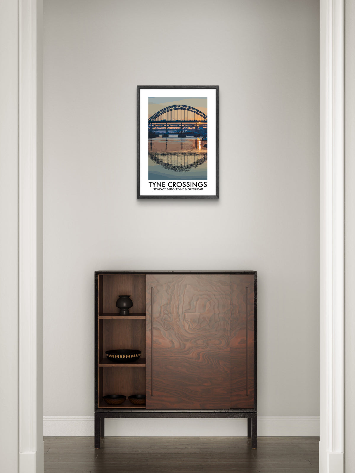 Tyne Crossings Newcastle and Gateshead framed vector art print displayed in a room setting