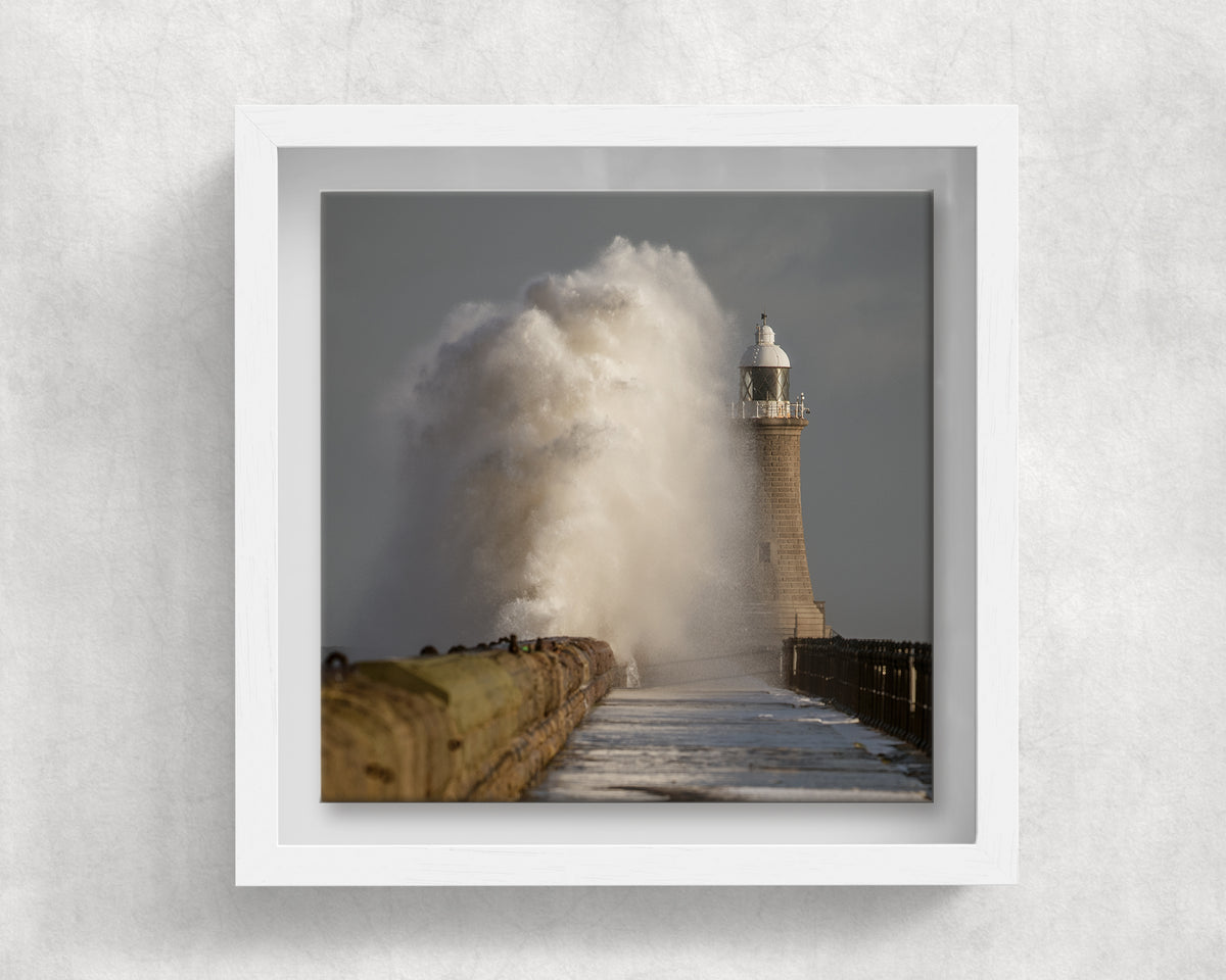 Tynemouth Lighthouse Storm Waves on an 8×8 inch ceramic tile in a white box frame, front view