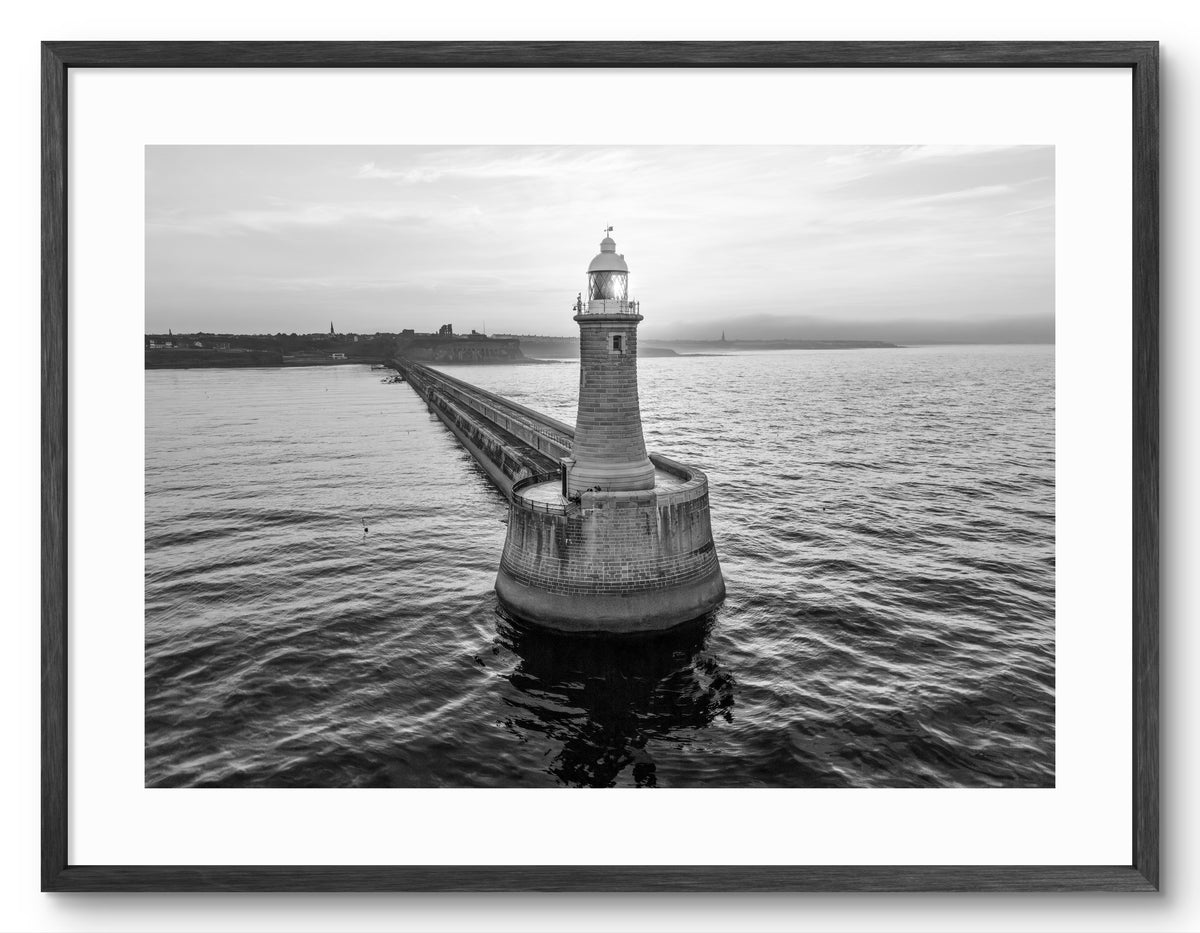 Tynemouth Pier Lighthouse Black & White Landscape — black frame with white mount