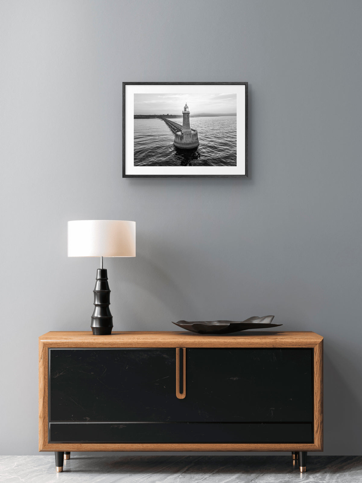 Tynemouth Pier Lighthouse Black & White Landscape — framed artwork shown in a room