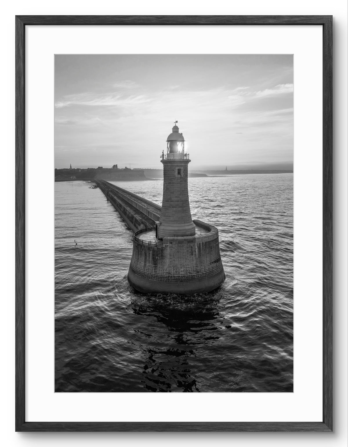 Tynemouth Pier Lighthouse Black & White Portrait — black frame with white mount