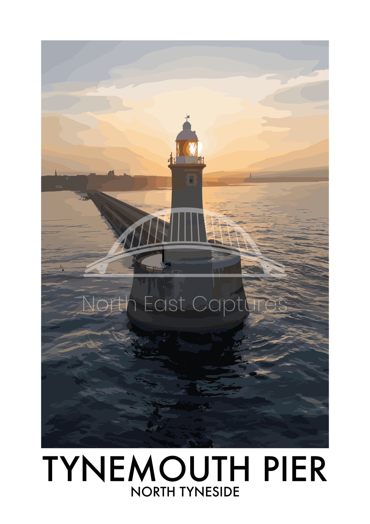 Tynemouth Pier Lighthouse Golden Sky vector artwork with landmark lettering and preview watermark