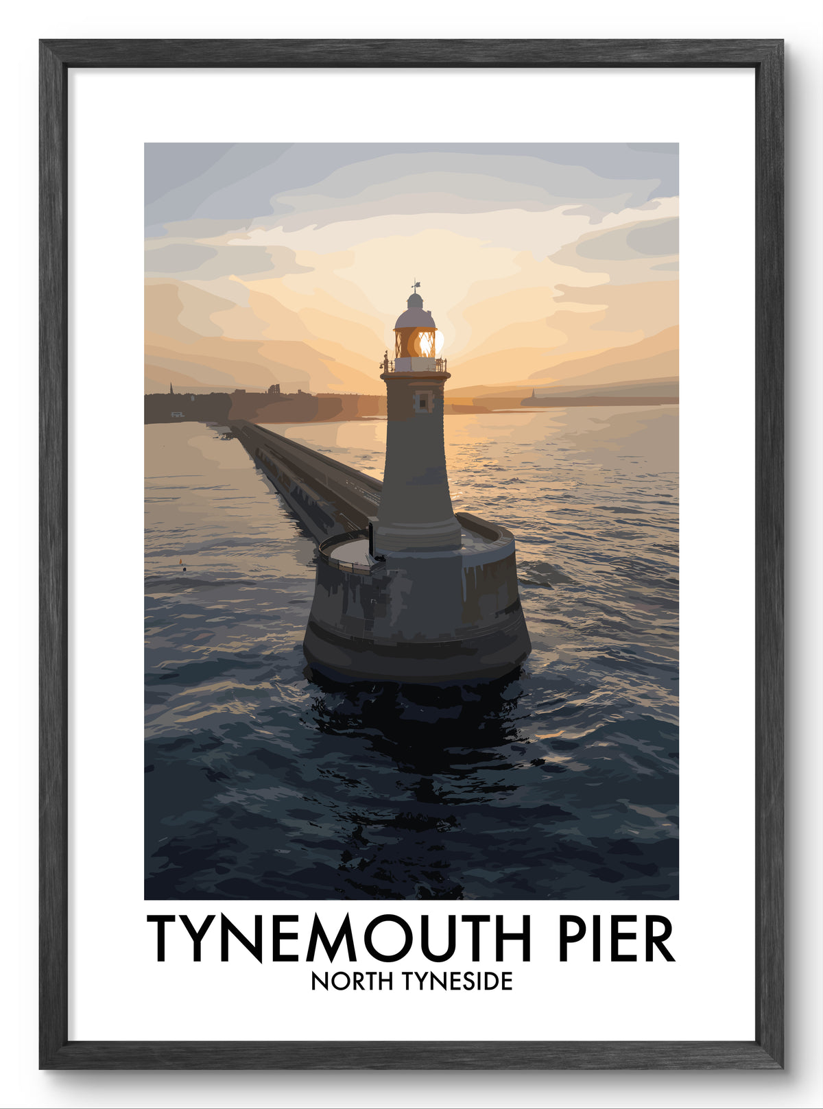 Tynemouth Pier Lighthouse Golden Sky vector art print shown in a black frame