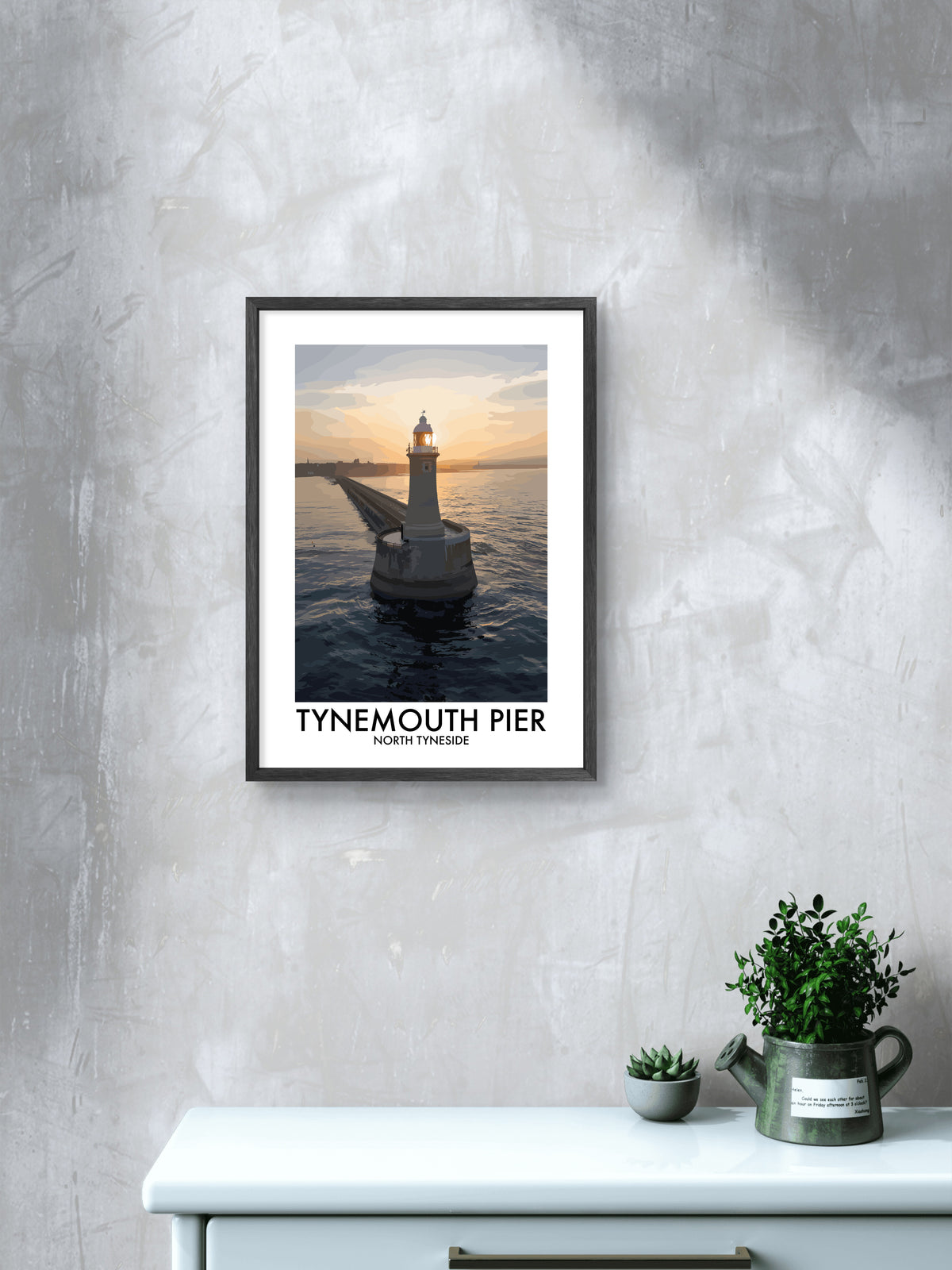 Tynemouth Pier Lighthouse Golden Sky framed vector art print displayed in a room setting