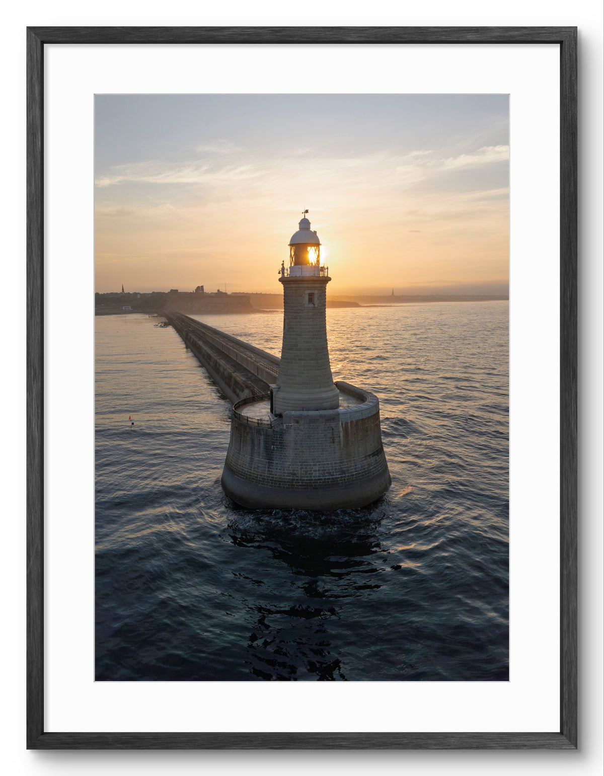 Tynemouth Pier Lighthouse Sunset Portrait — black frame with white mount