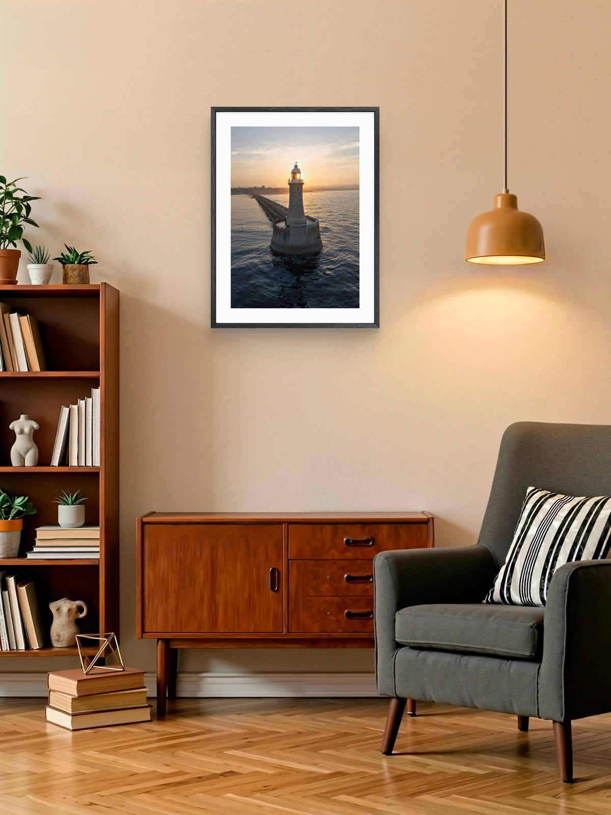 Tynemouth Pier Lighthouse Sunset Portrait — framed artwork shown in a room