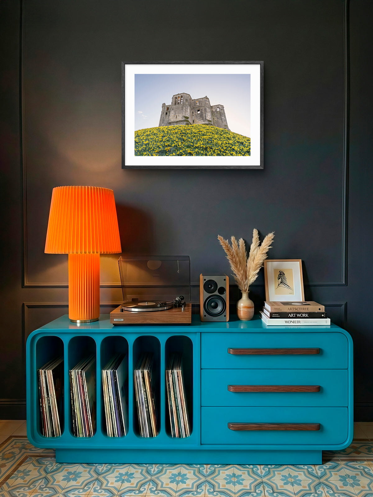 Warkworth Castle & Daffodils — framed artwork shown in a room