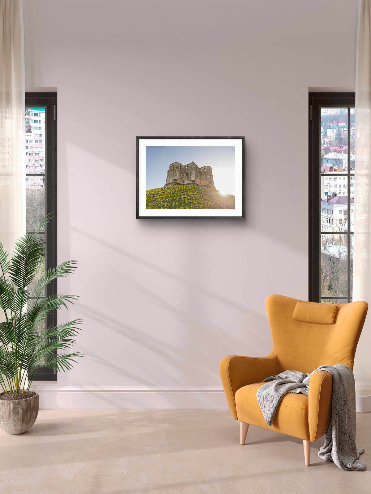 Warkworth Castle Sunset & Daffodils — framed artwork shown in a room