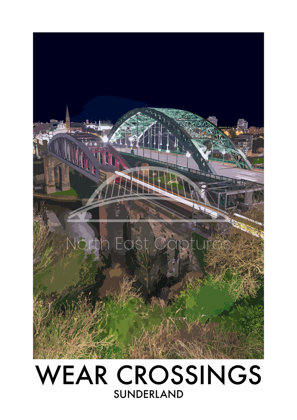 Wearmouth and Railway Bridges at Night vector artwork with landmark lettering and preview watermark