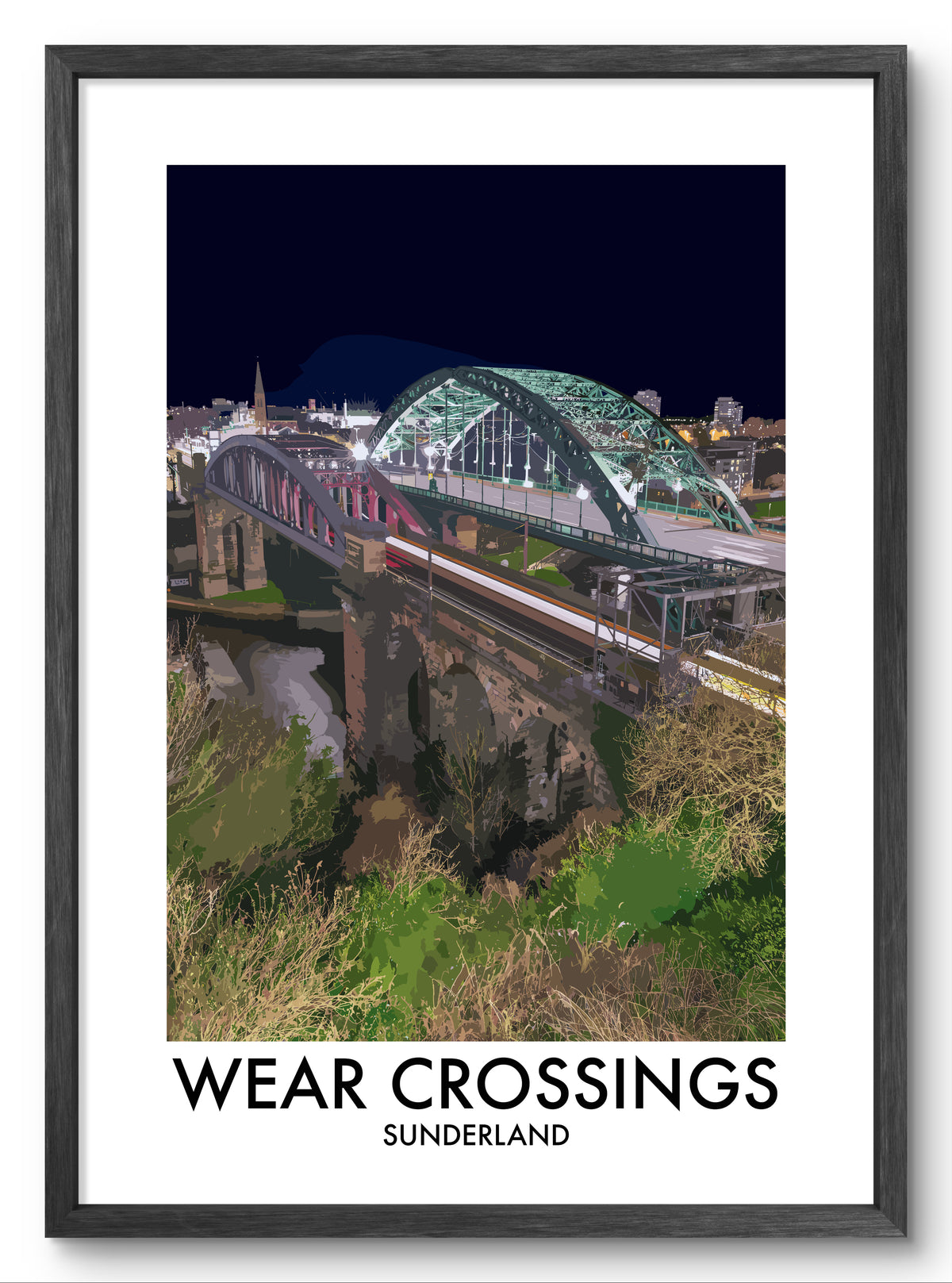 Wearmouth and Railway Bridges at Night vector art print shown in a black frame