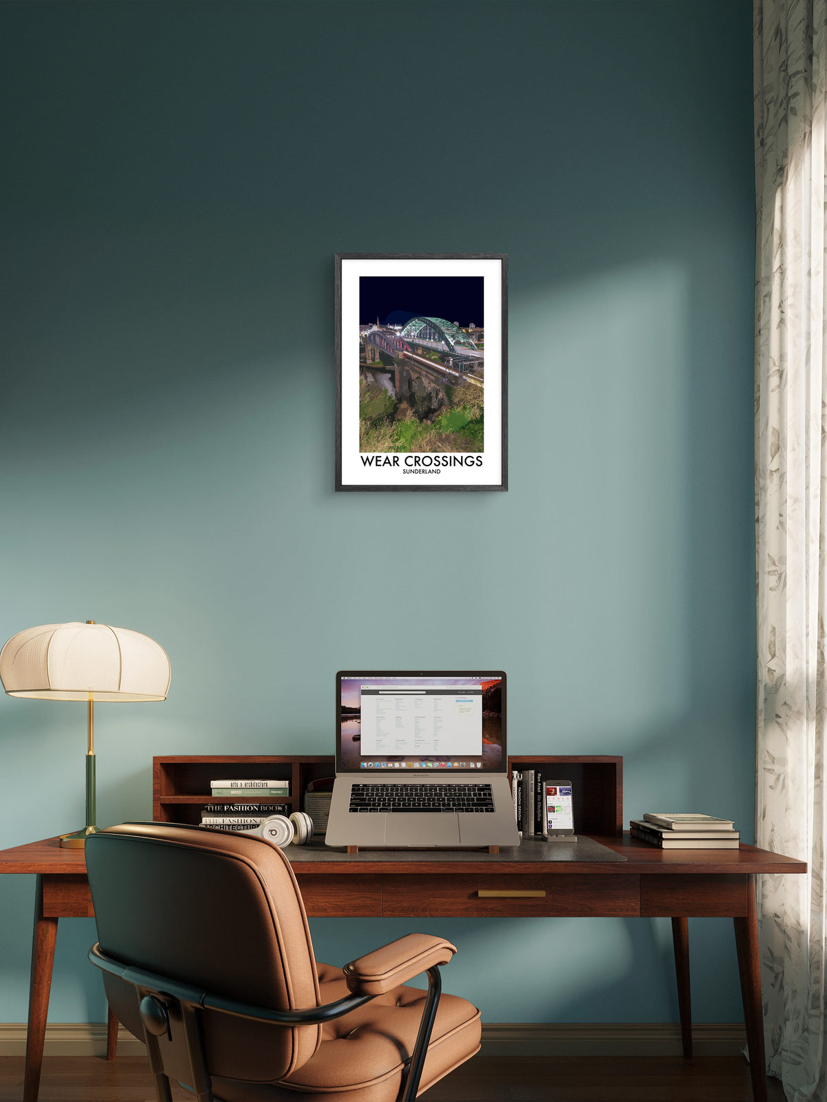 Wearmouth and Railway Bridges at Night framed vector art print displayed in a room setting