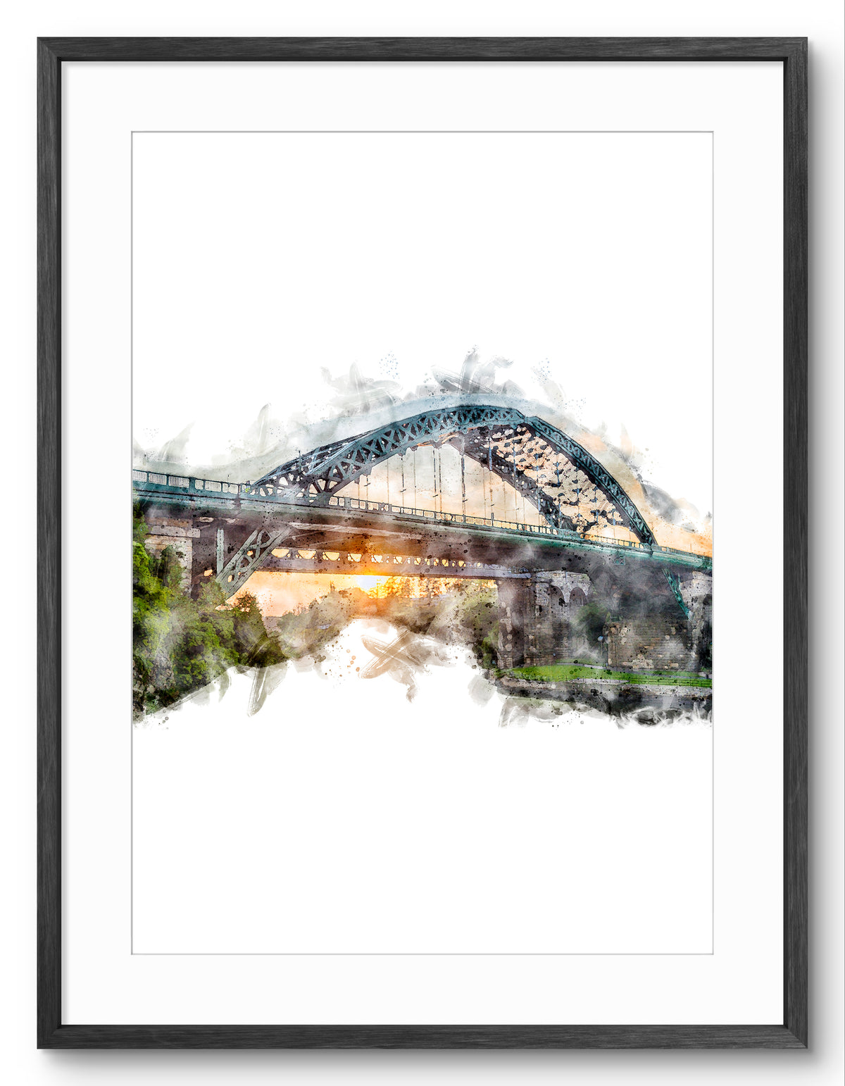 Wearmouth Bridge, portrait digital watercolour shown in a black frame and white mount