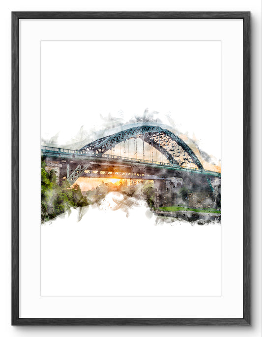 Wearmouth Bridge, portrait digital watercolour shown in a black frame and white mount