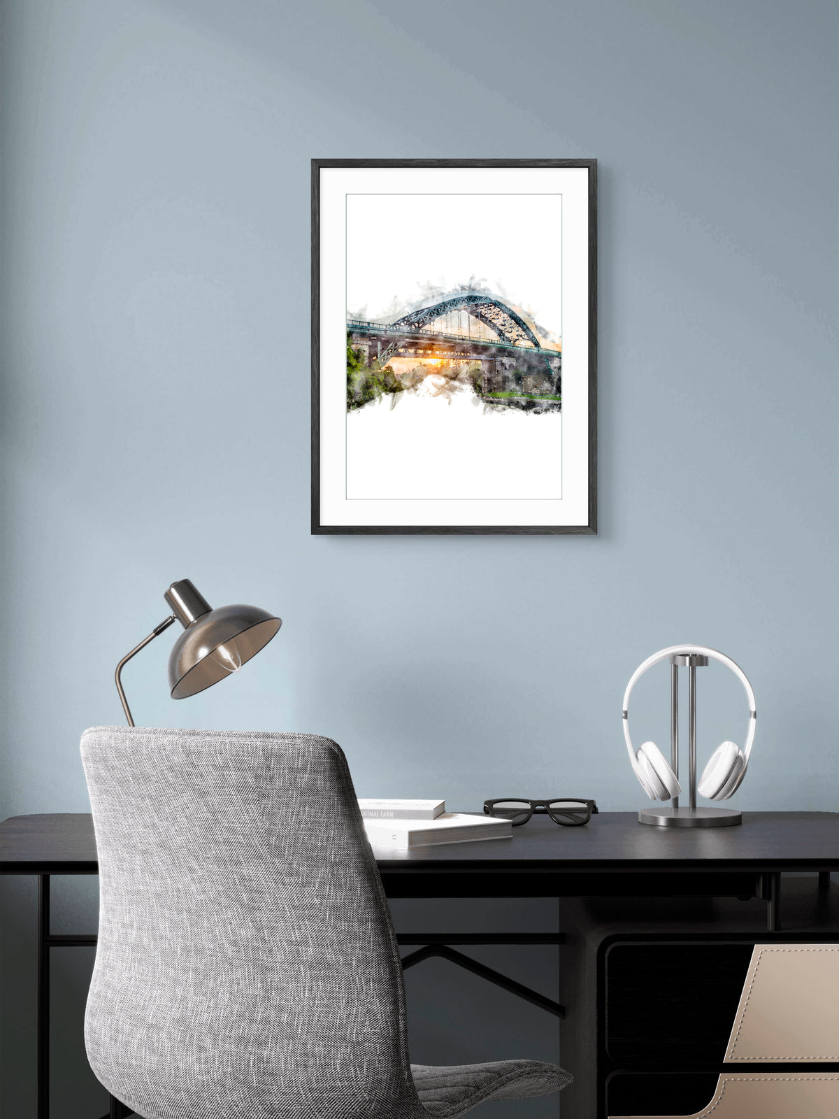 Wearmouth Bridge, portrait digital watercolour displayed in a room mockup