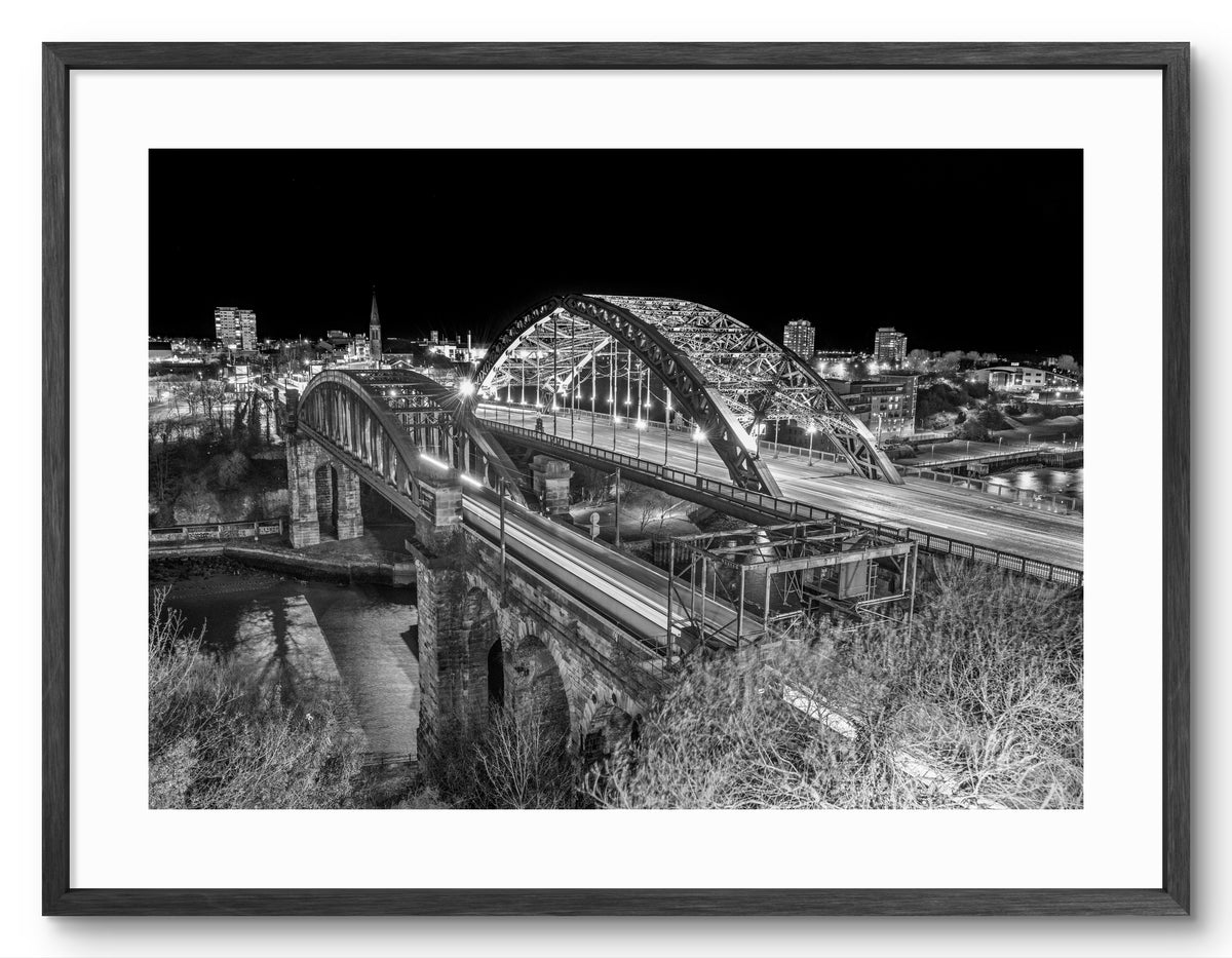 Wearmouth Bridges at Night Black & White — black frame with white mount