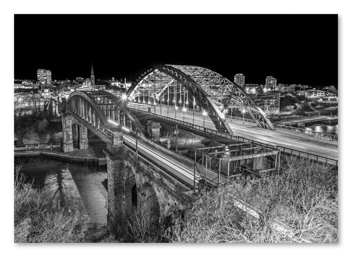 Wearmouth Bridges at Night Black & White — photograph preview