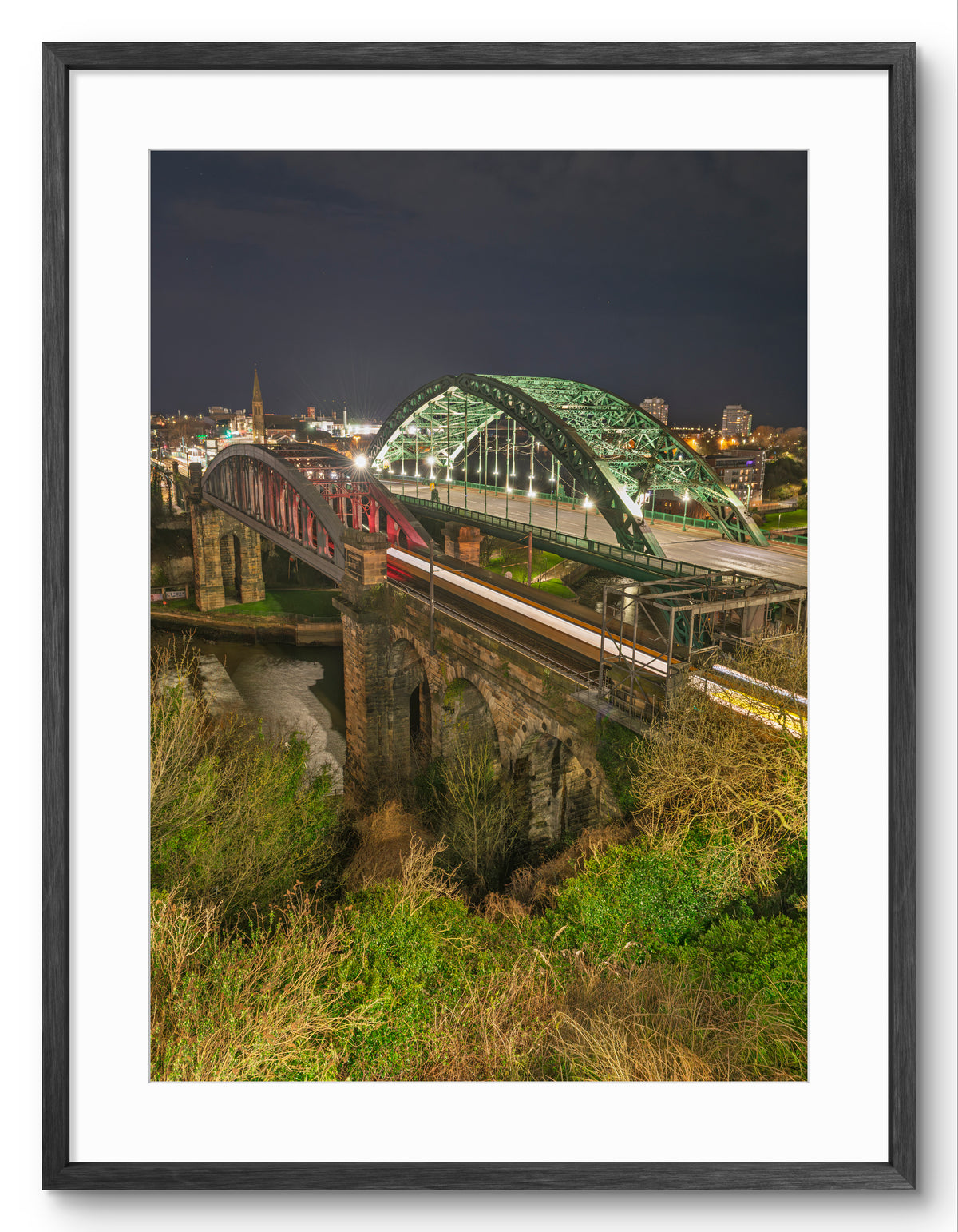 Wearmouth Bridges at Night Portrait — black frame with white mount