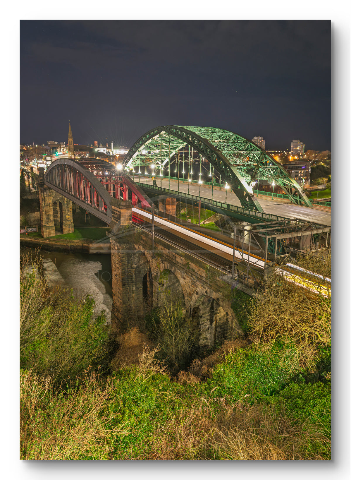 Wearmouth Bridges at Night Portrait — photograph preview