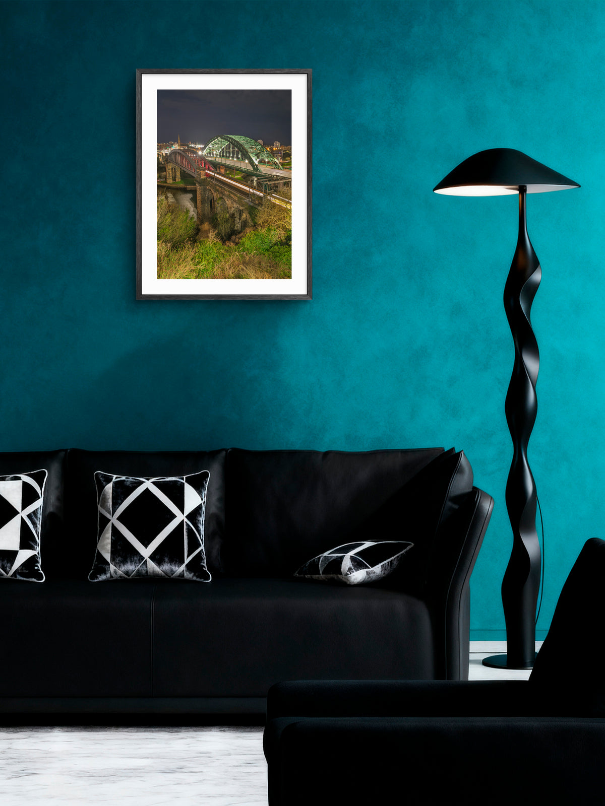 Wearmouth Bridges at Night Portrait — framed artwork shown in a room