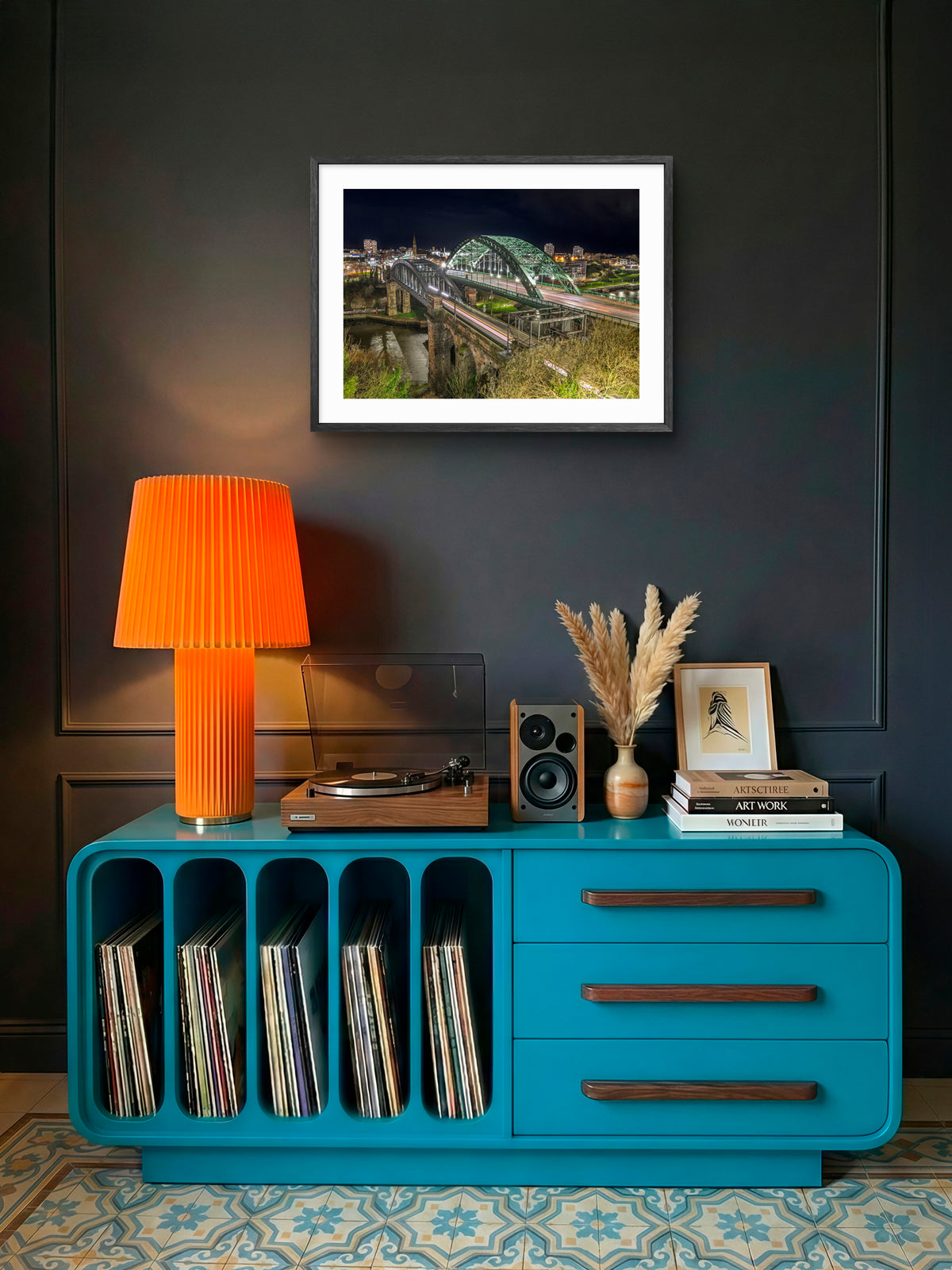 Wearmouth Bridges at Night — framed artwork shown in a room