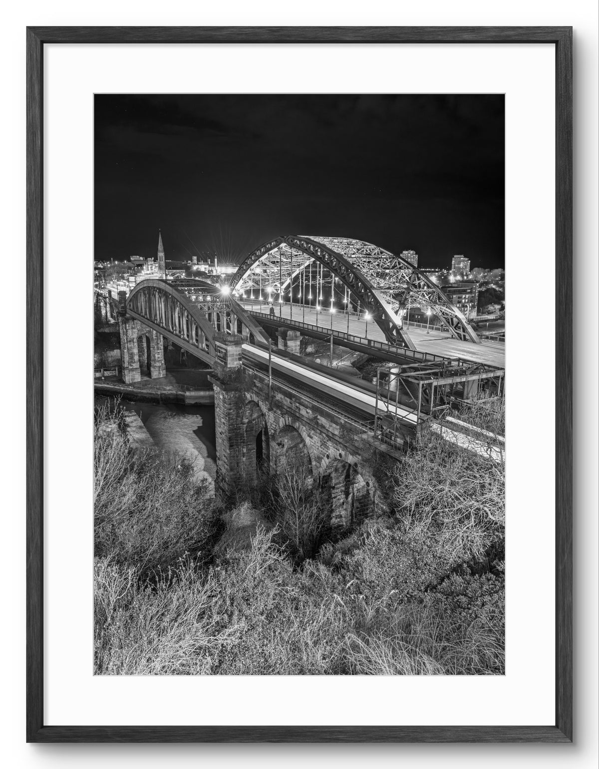 Wearmouth Bridges Black & White Portrait — black frame with white mount