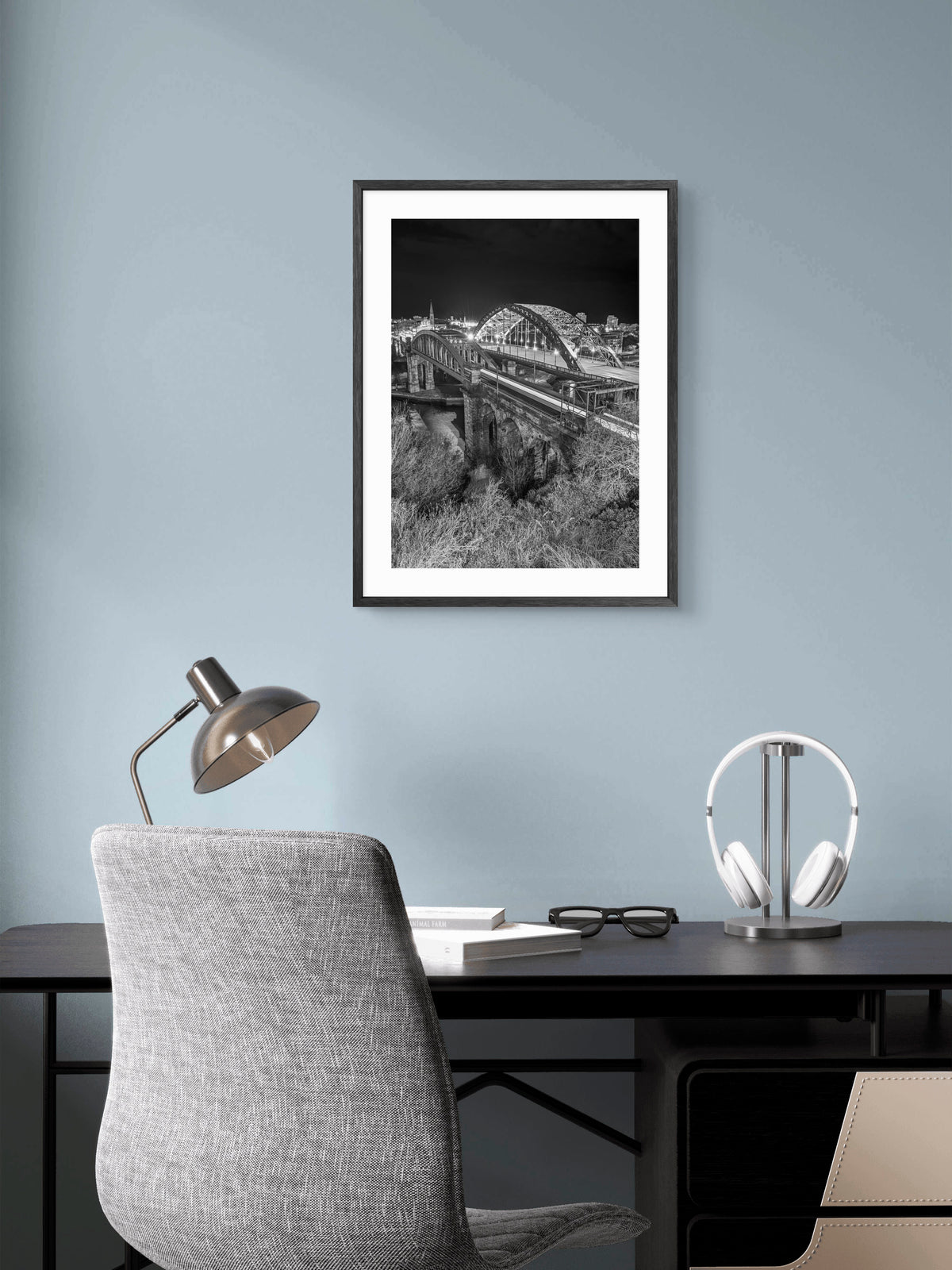 Wearmouth Bridges Black & White Portrait — framed artwork shown in a room