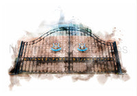 St James Park Football Stadium Gates, NUFC, Digital Watercolour