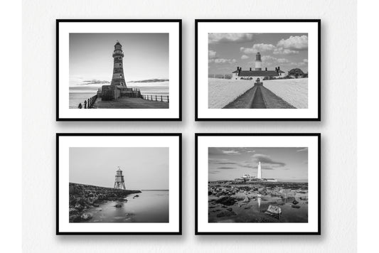 North East Lighthouses - Four Black and White Photographs - Roker - Souter - Herd Groyne - St Mary's.