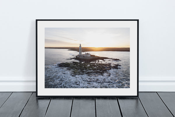 St Mary's Lighthouse and Island Sunset from Above