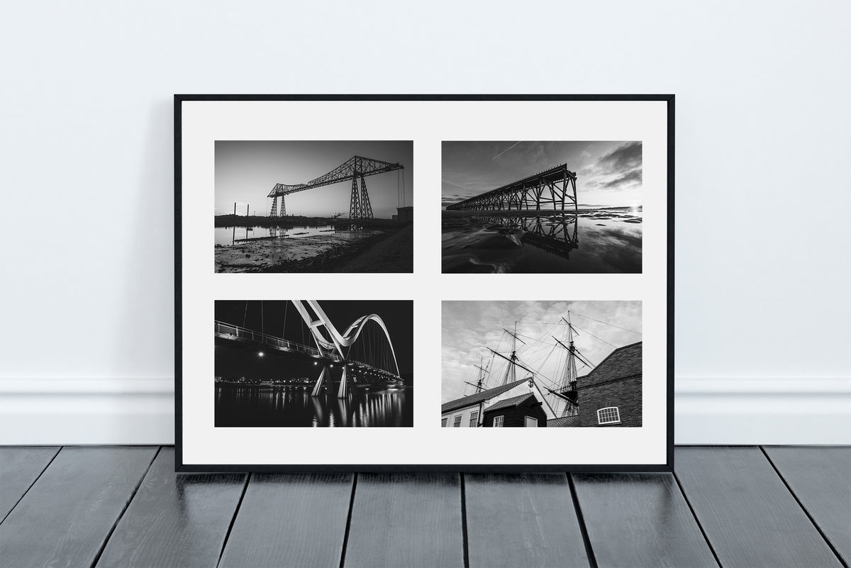 Teesside Landmarks in black & white. Four 10x8 inch prints of Steetley Pier, Tees Transporter Bridge, HMS Trincomalee and Infinity Bridge - North East Captures