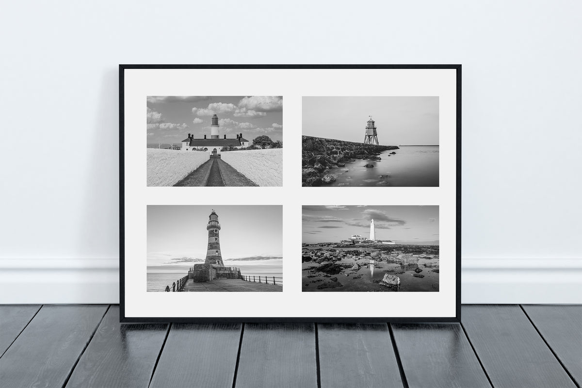 North East Lighthouses - Four Black and White Photographs - Roker - Souter - Herd Groyne - St Mary's.