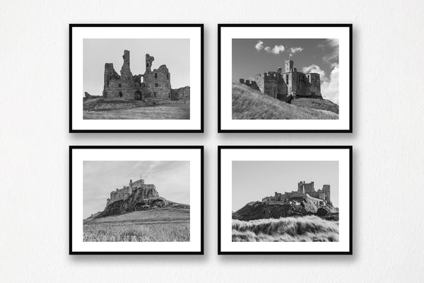 Castles of Northumberland in black & white. Four 10x8 inch prints of Bamburgh, Warkworth, Dunstanburgh and Lindisfarne Castles. - North East Captures