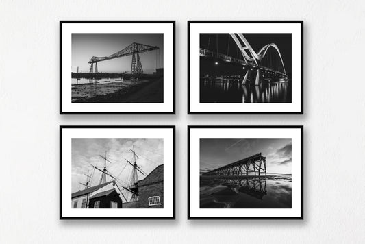 Teesside Landmarks in black & white. Four 10x8 inch prints of Steetley Pier, Tees Transporter Bridge, HMS Trincomalee and Infinity Bridge - North East Captures