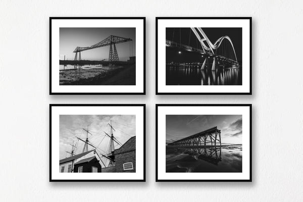 Teesside Landmarks in black & white. Four 10x8 inch prints of Steetley Pier, Tees Transporter Bridge, HMS Trincomalee and Infinity Bridge - North East Captures